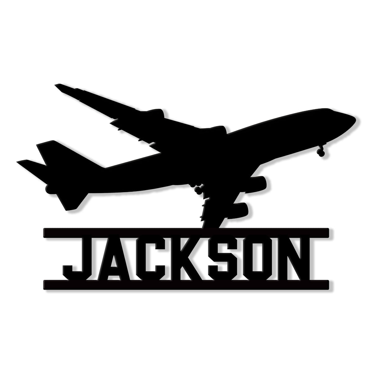 Black airplane silhouette metal sign with bold pilot-inspired aircraft artwork and a framed lower design
