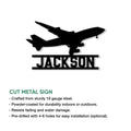 Pilot airplane metal sign shown in a product feature graphic highlighting its cut metal design and display style