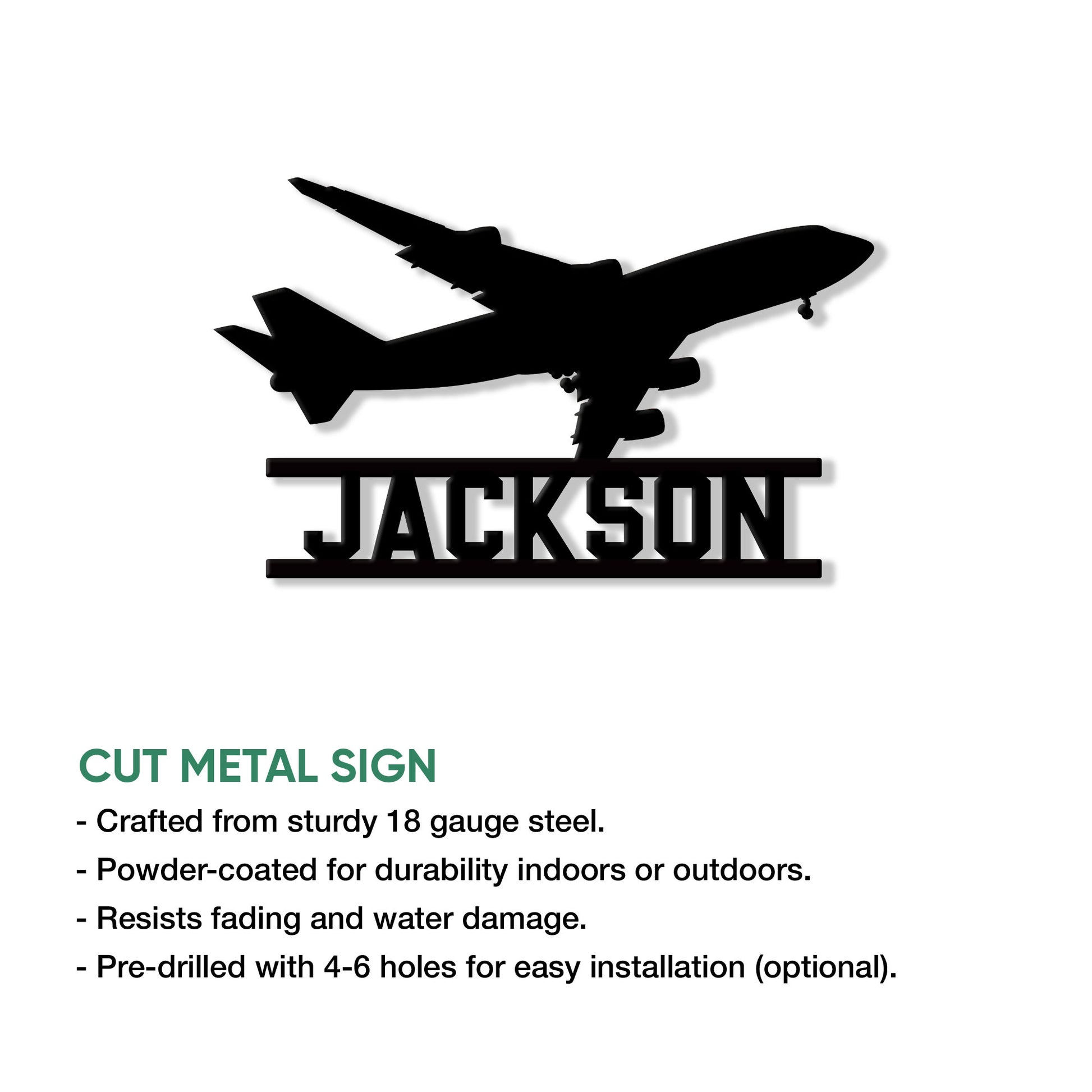 Pilot airplane metal sign shown in a product feature graphic highlighting its cut metal design and display style