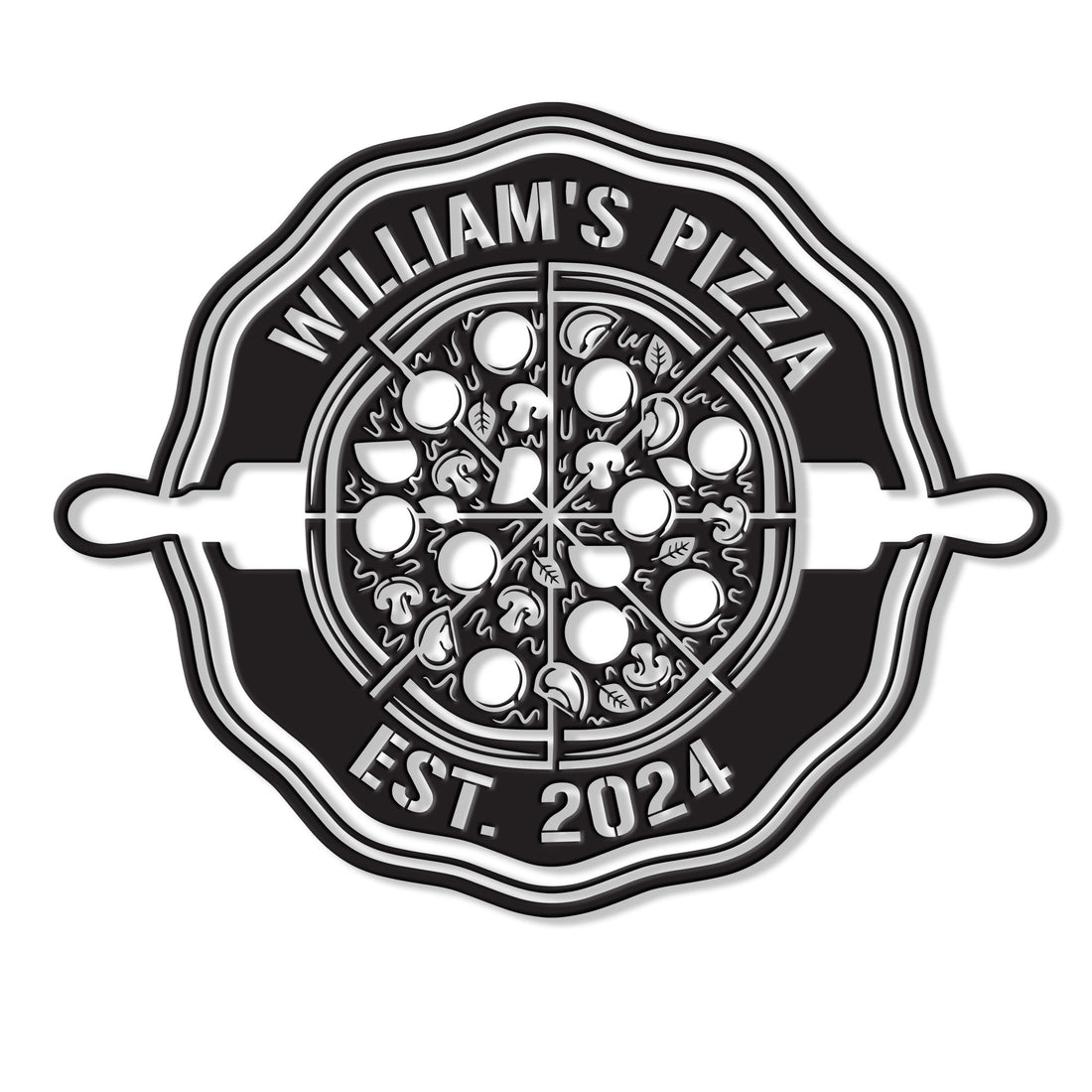 Pizza metal sign featuring a detailed pie, rolling pin silhouette, and classic pizzeria emblem design