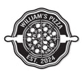 Pizza metal sign featuring a detailed pie, rolling pin silhouette, and classic pizzeria emblem design