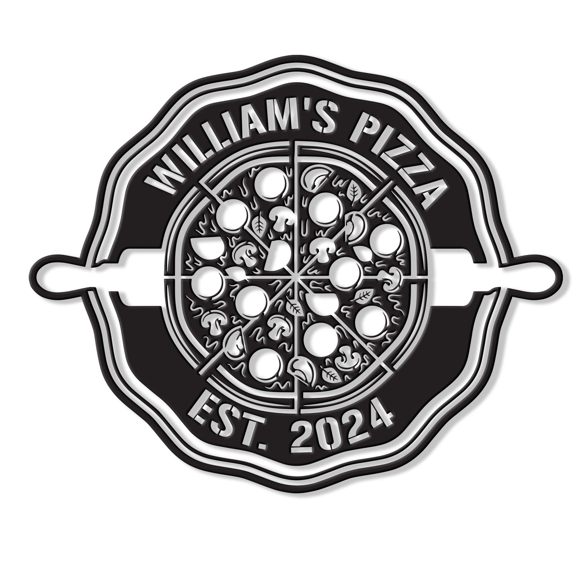 Pizza metal sign featuring a detailed pie, rolling pin silhouette, and classic pizzeria emblem design