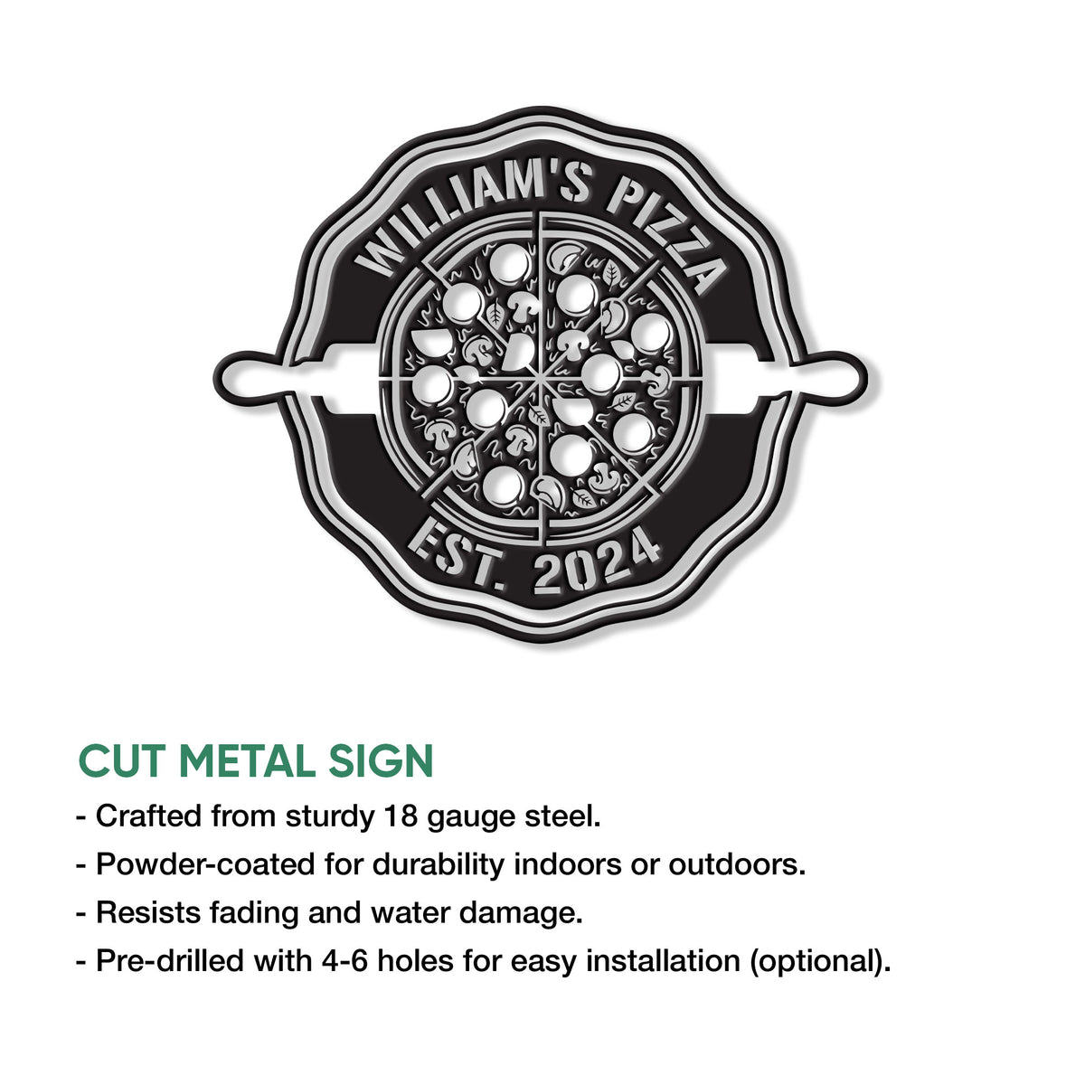 Pizza metal sign product graphic highlighting the cut-metal design and indoor or outdoor display use