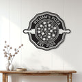 Pizza wall sign displayed above a rustic console table in a bright home interior