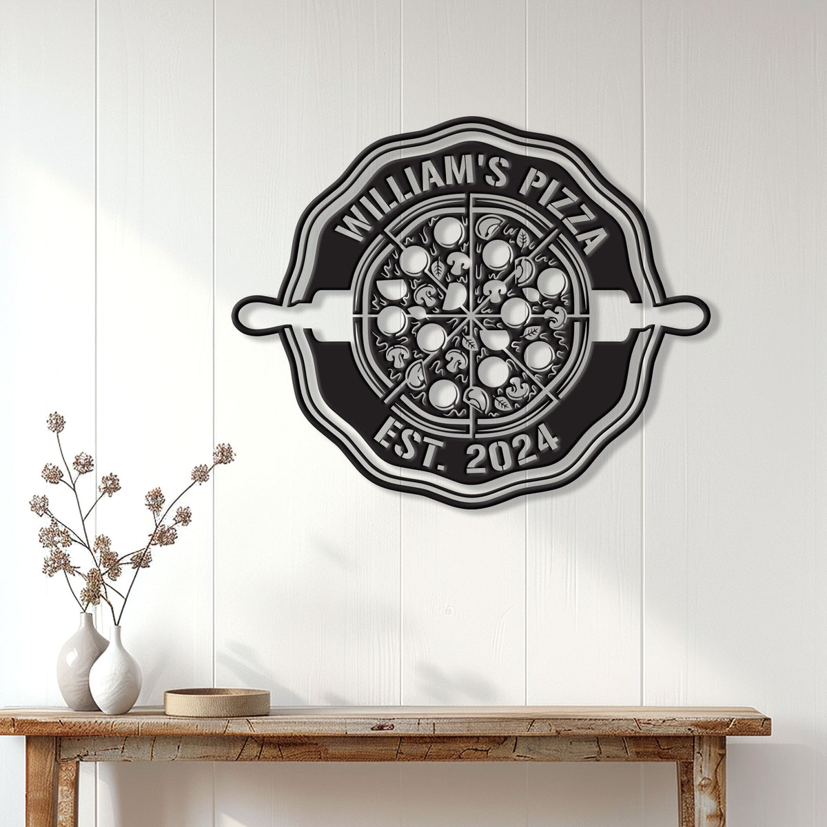 Pizza wall sign displayed above a rustic console table in a bright home interior