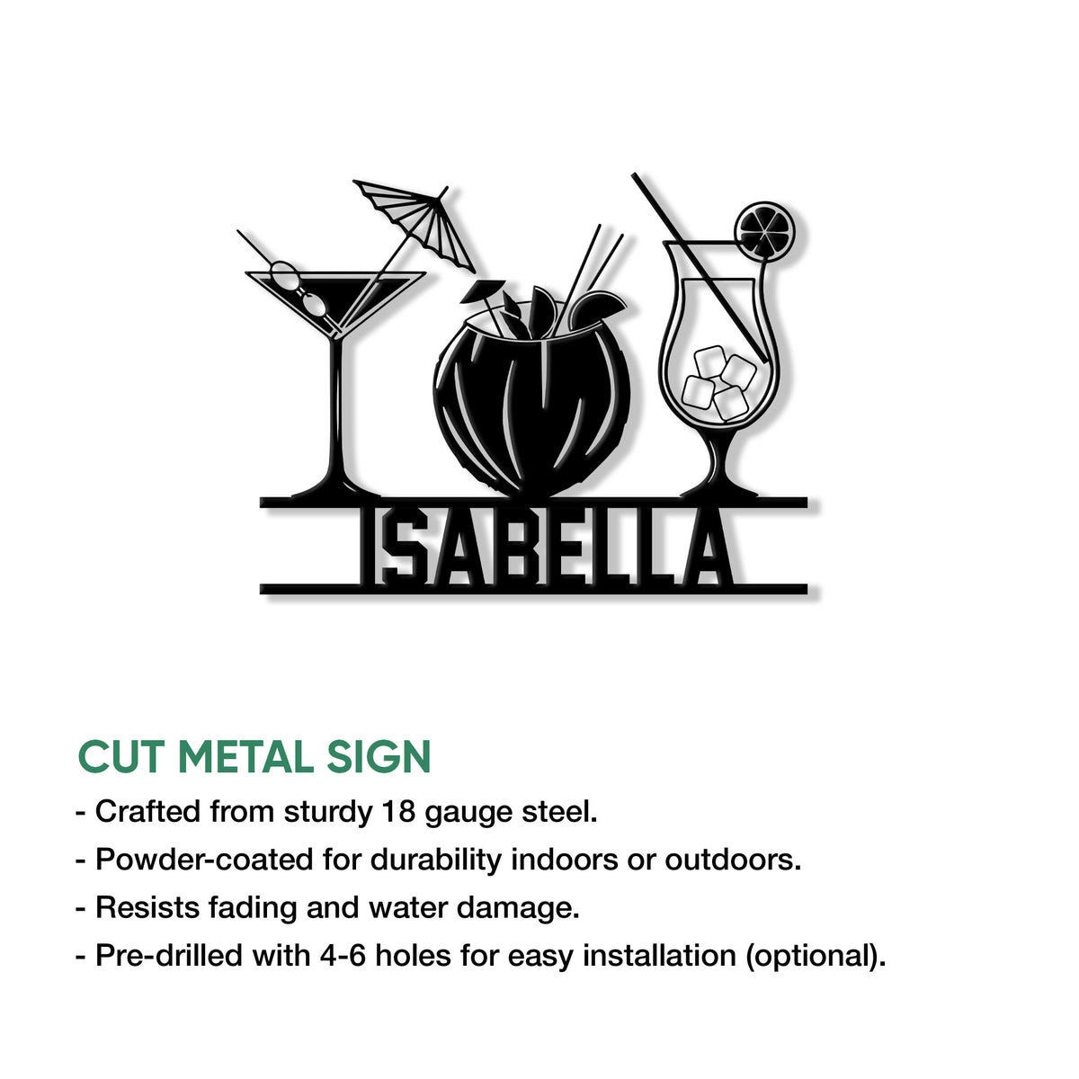 Cocktail metal sign artwork with three drink silhouettes and a cut metal sign feature guide