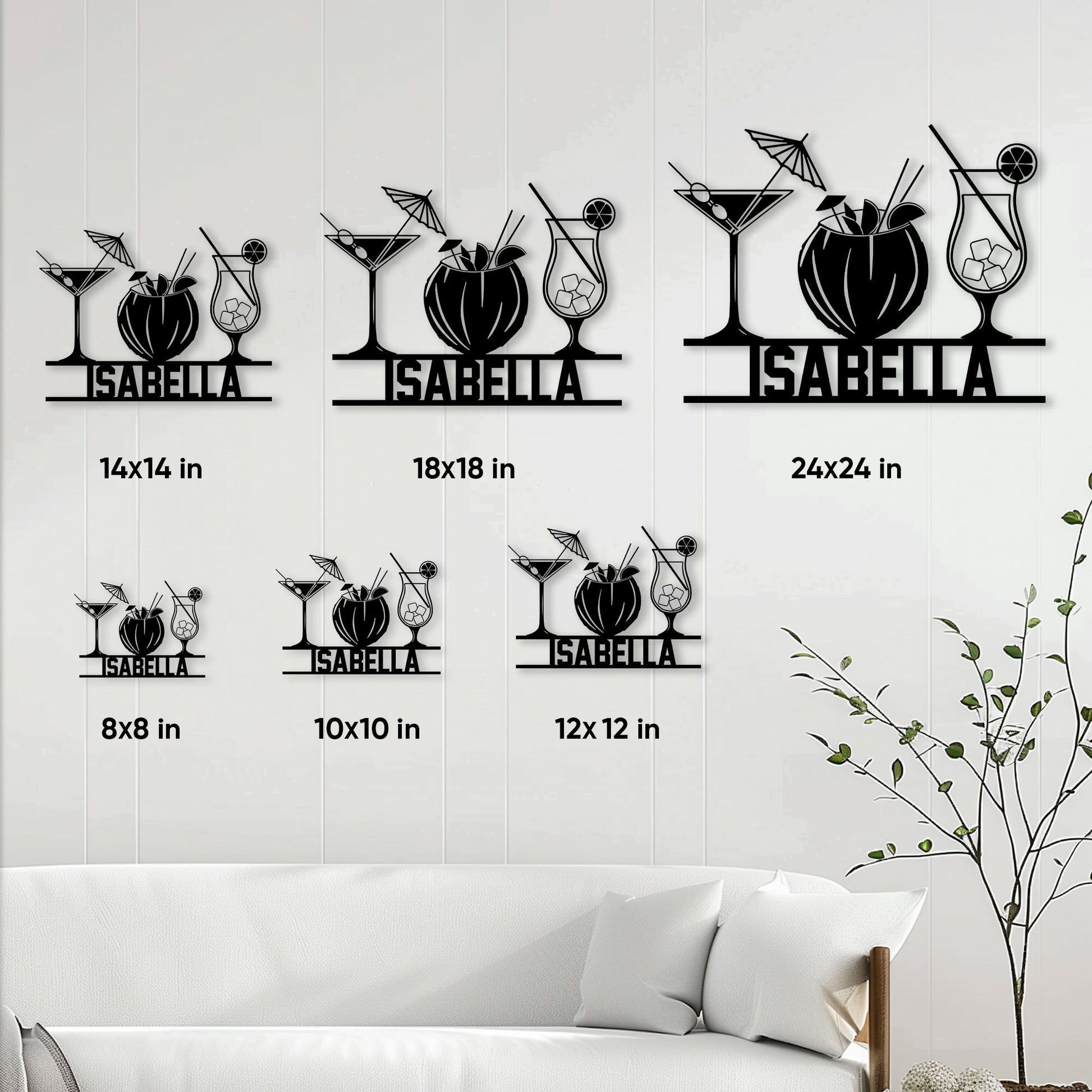 Cocktail metal sign shown in multiple size options above a modern living room sofa