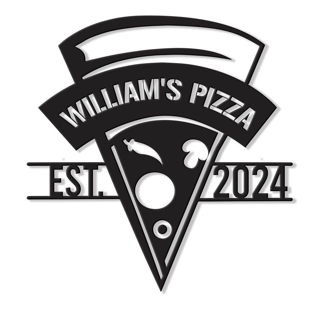 Custom pizza shop metal sign featuring a stylized pizza slice and bold arched pizzeria design