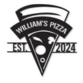 Custom pizza shop metal sign featuring a stylized pizza slice and bold arched pizzeria design