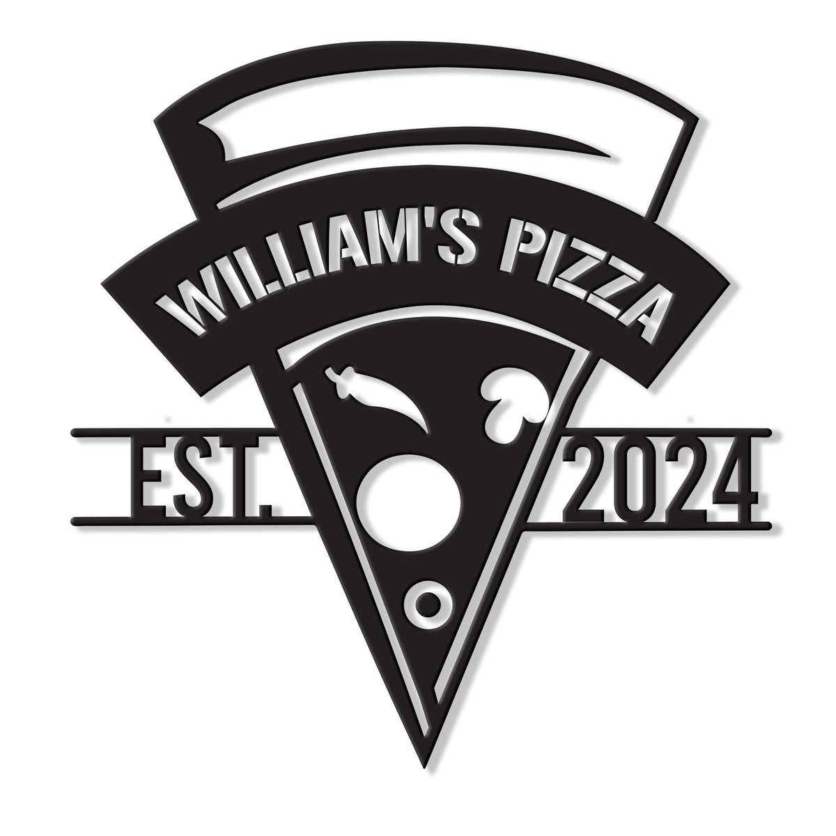 Custom pizza shop metal sign featuring a stylized pizza slice and bold arched pizzeria design