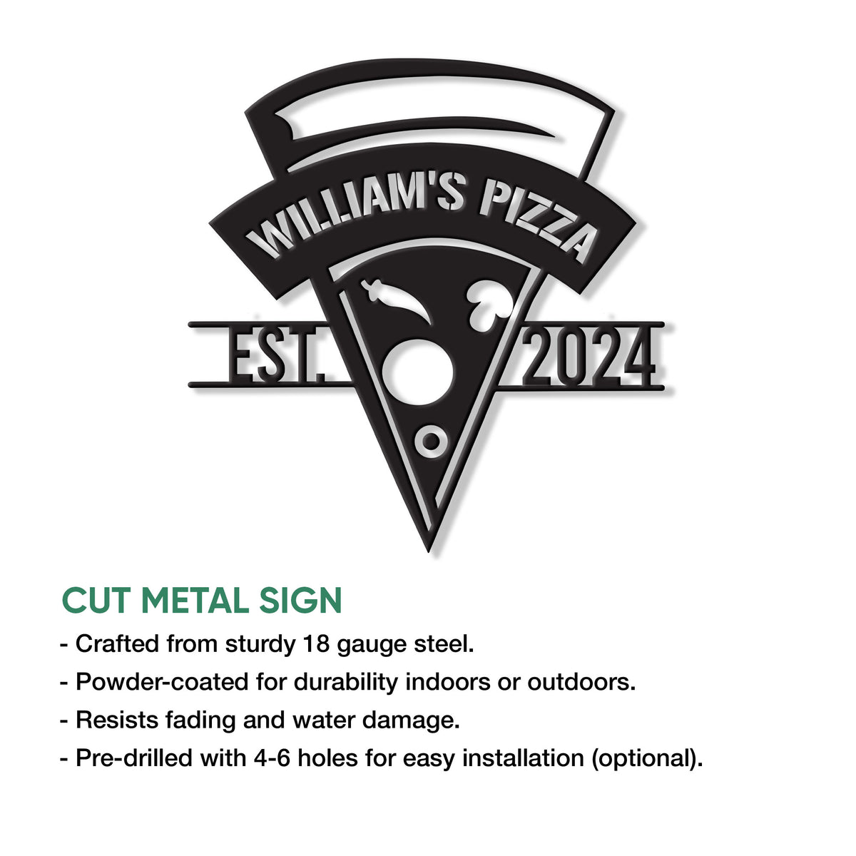 Pizza shop metal sign feature graphic showing the cut-metal design and installation options