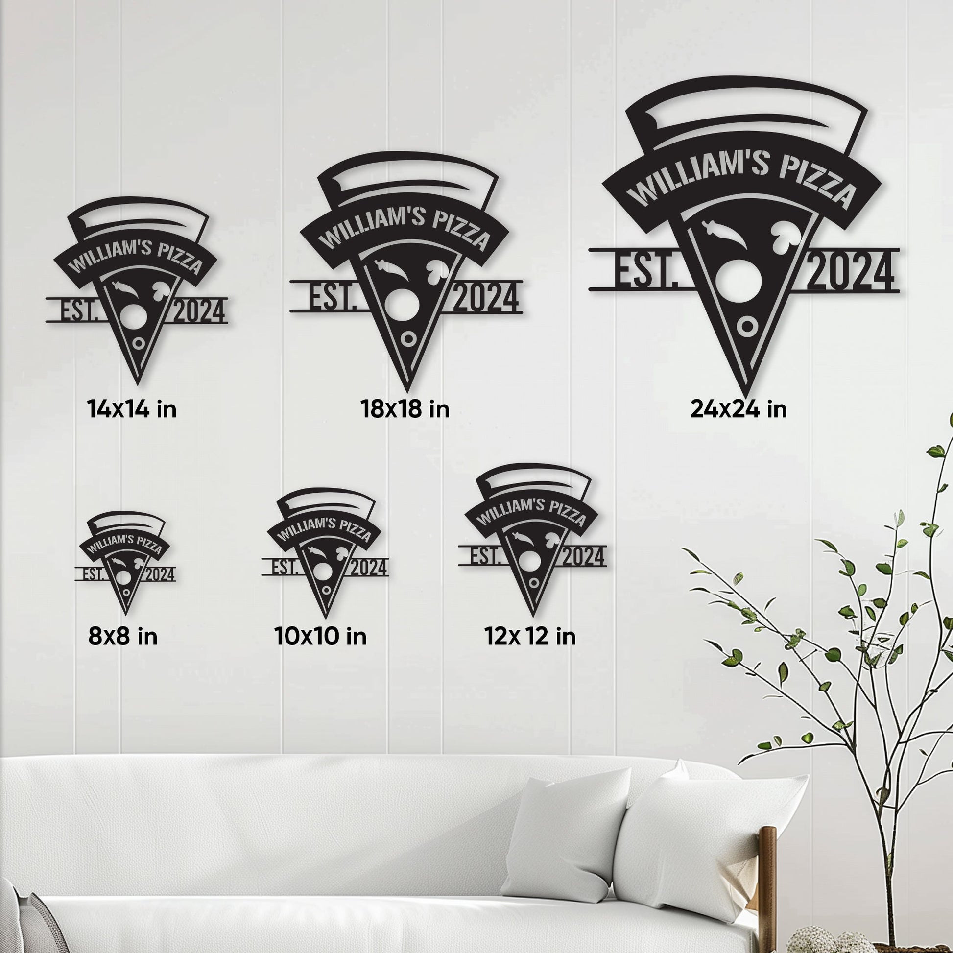 Pizza shop metal sign size guide showing multiple square size options in a wall display