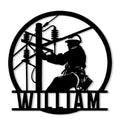 Custom lineman metal sign featuring a utility worker silhouette on a power pole with overhead lines