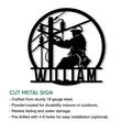 Lineman metal sign product graphic showing a worker repairing power lines in a bold silhouette design