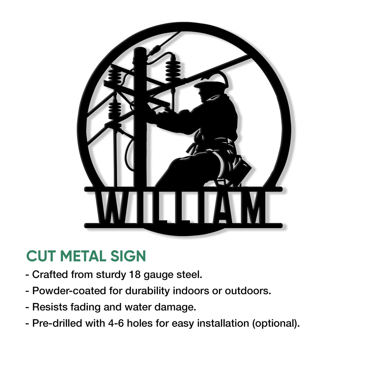 Lineman metal sign product graphic showing a worker repairing power lines in a bold silhouette design