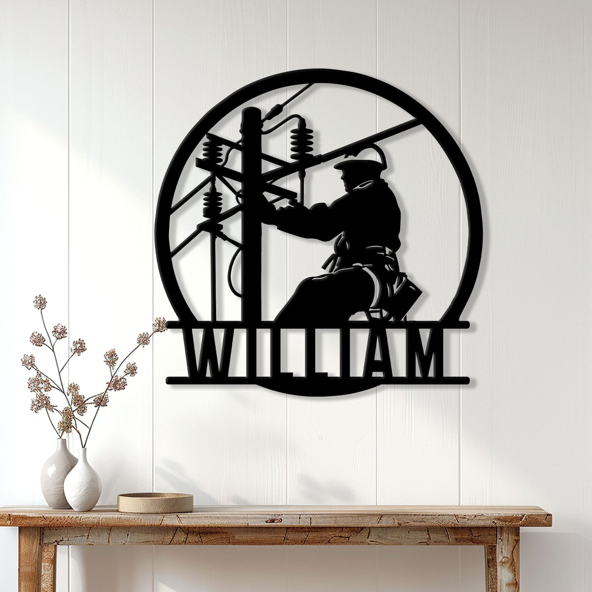 Lineman wall decor displayed on a white paneled wall above a rustic console table