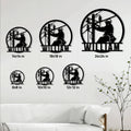 Lineman metal sign size guide showing multiple square size options displayed in a living room