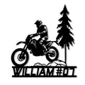 Custom motocross metal sign featuring a dirt bike rider crossing rocky terrain beside a pine tree