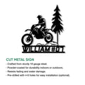 Motocross dirt bike metal sign shown with product feature information and a bold rider silhouette