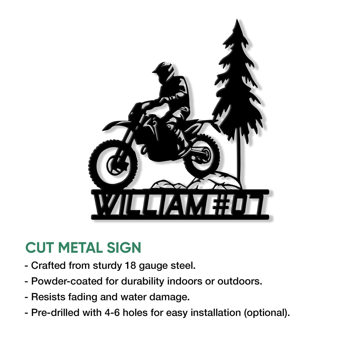Motocross dirt bike metal sign shown with product feature information and a bold rider silhouette