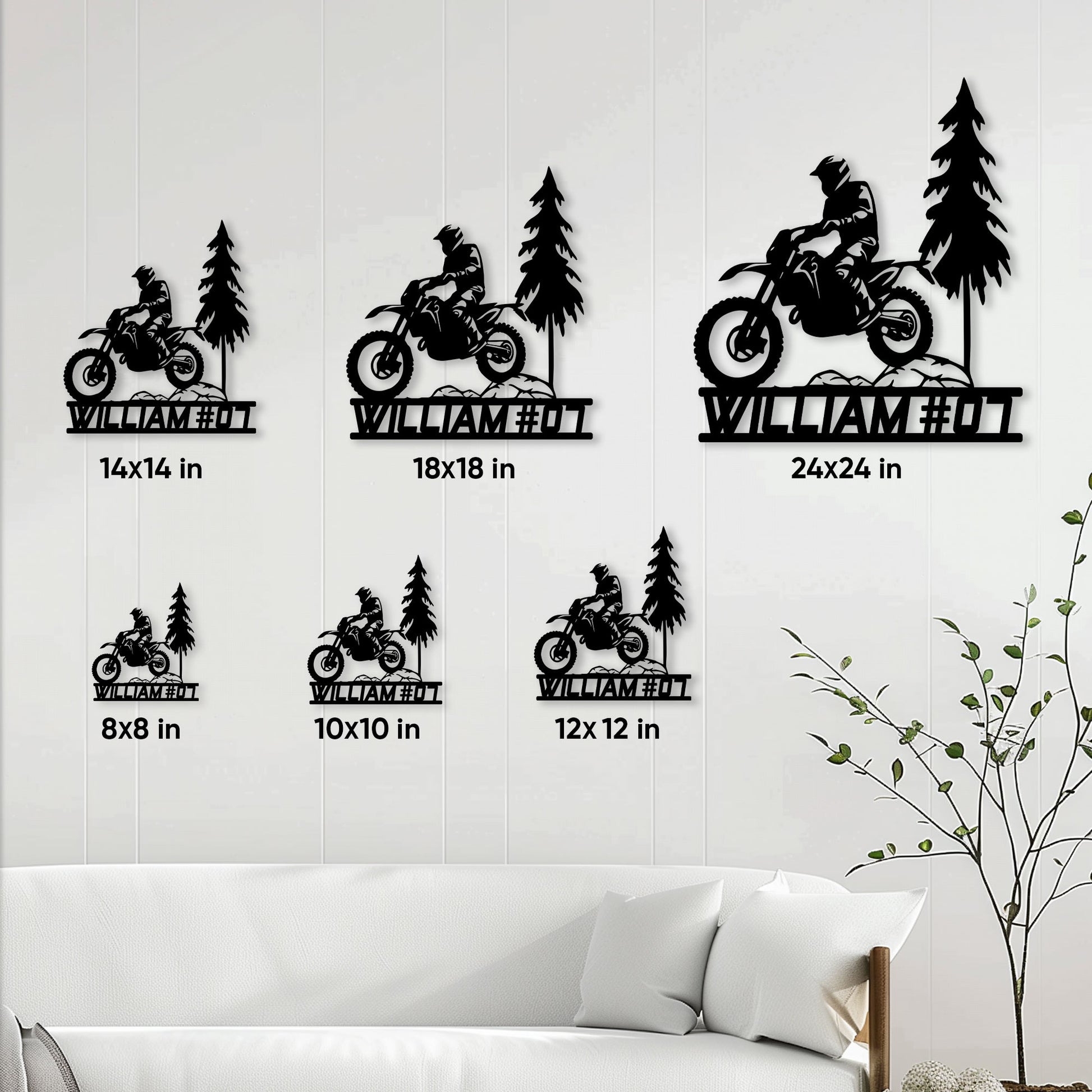Motocross metal sign size guide showing multiple dimensions in a living room display