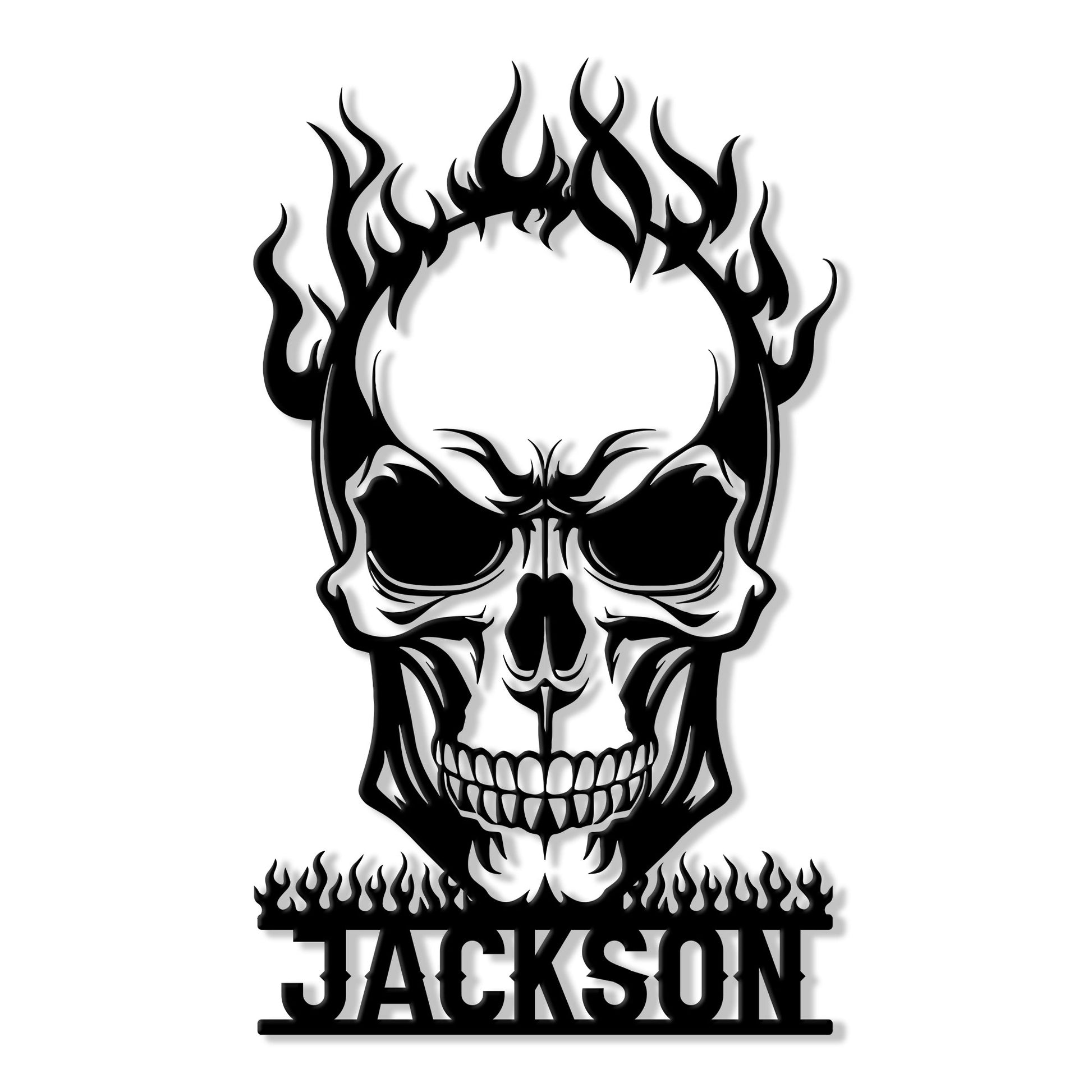 Bold black flaming skull metal sign with a detailed grinning skull design for edgy wall decor