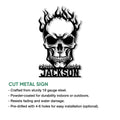 Flaming skull cut metal sign shown in a product feature graphic for indoor or outdoor display