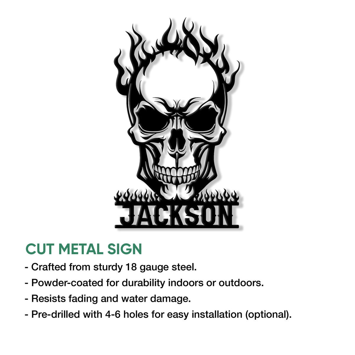 Flaming skull cut metal sign shown in a product feature graphic for indoor or outdoor display
