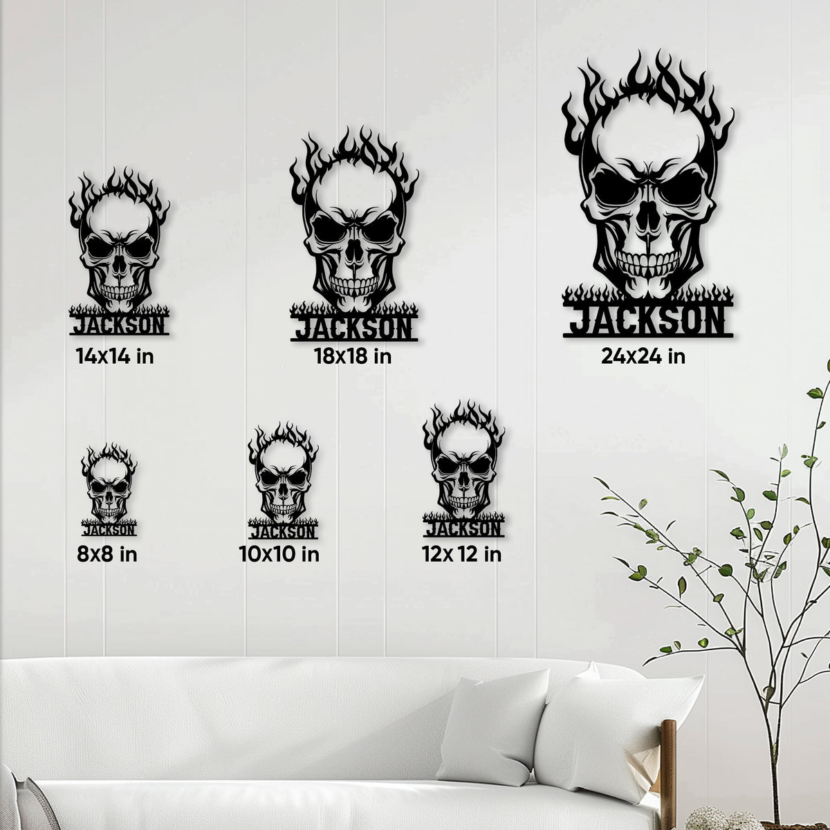 Size guide showing flaming skull metal sign options from 8x8 inches through 24x24 inches