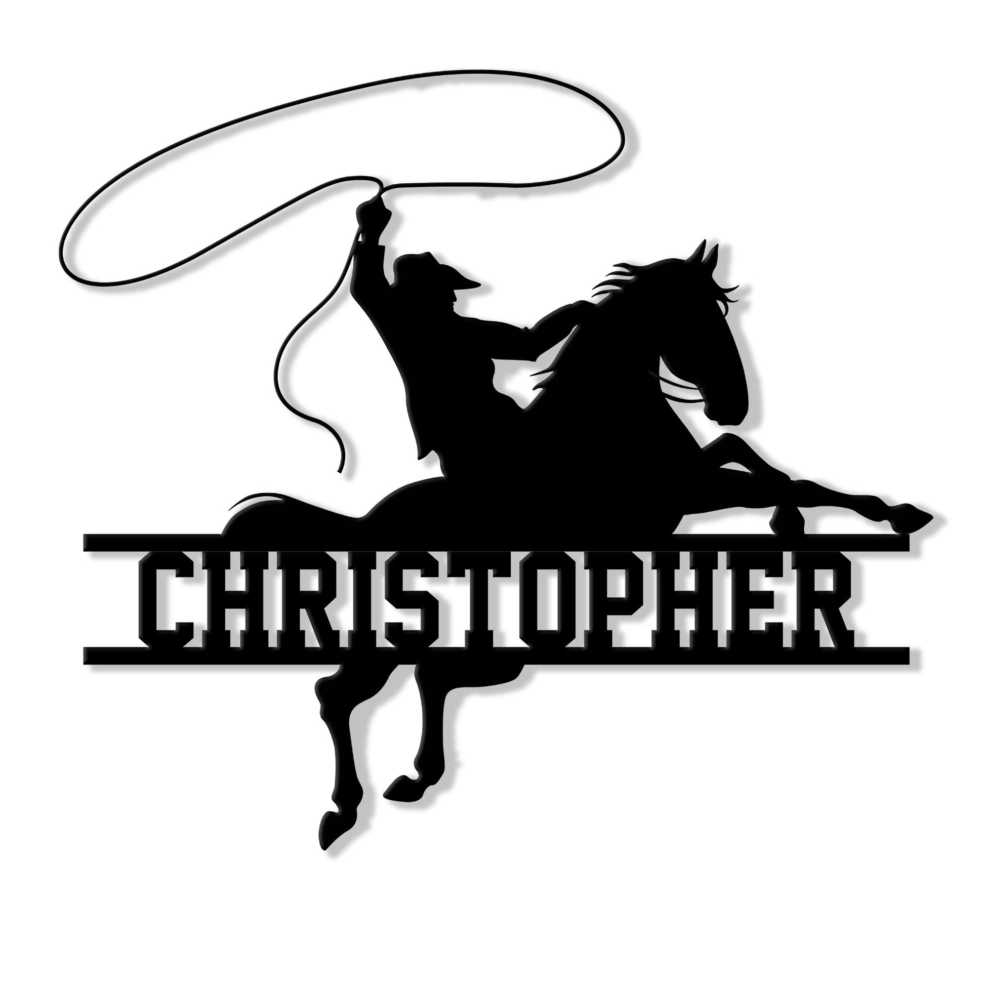Cowboy on horseback swinging a lasso in a bold Western silhouette metal sign design