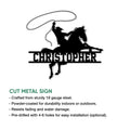 Western cowboy and horse silhouette metal sign shown with product feature information