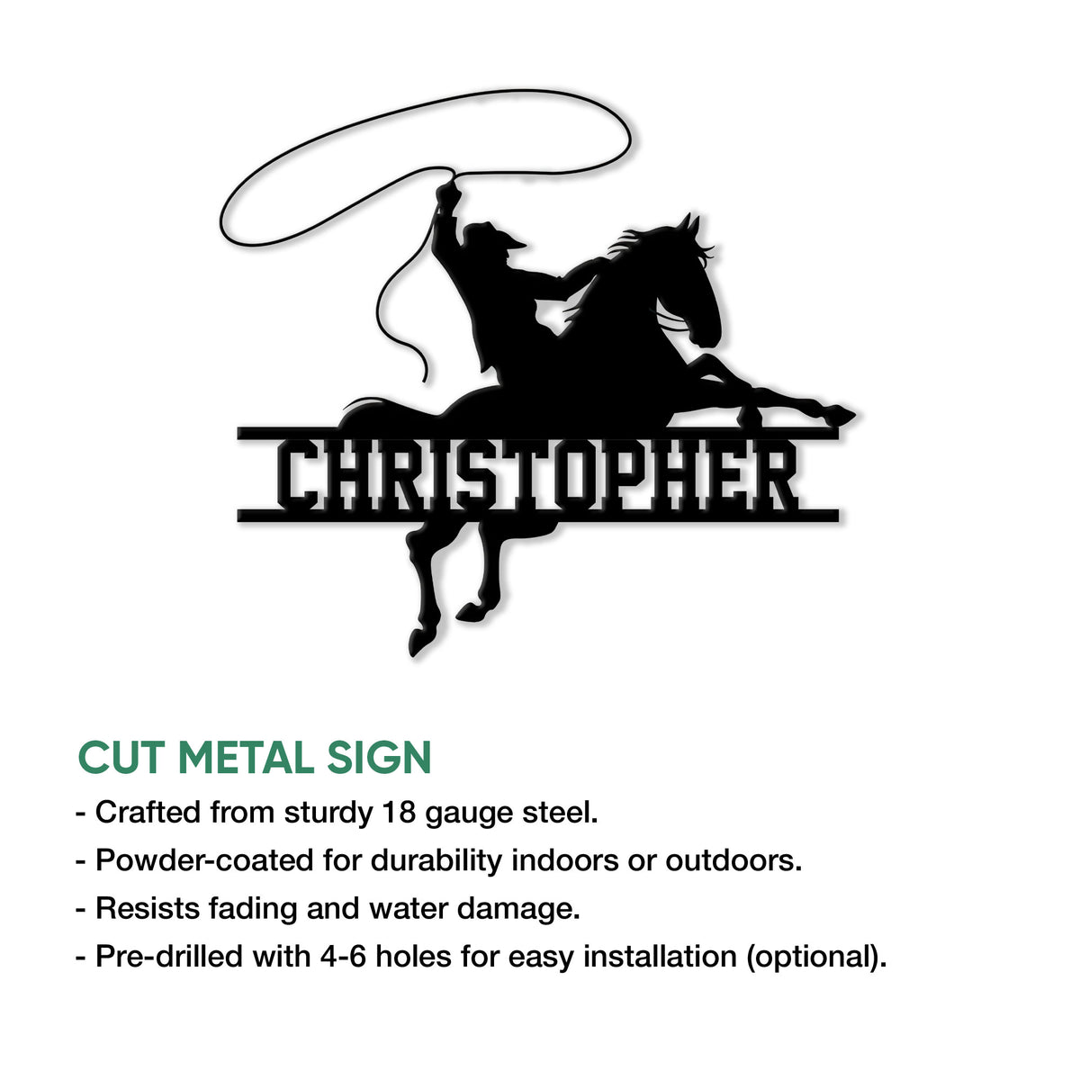 Western cowboy and horse silhouette metal sign shown with product feature information