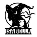 Custom witch metal sign featuring a moonlit witch silhouette, stars, cat, and broom-inspired design