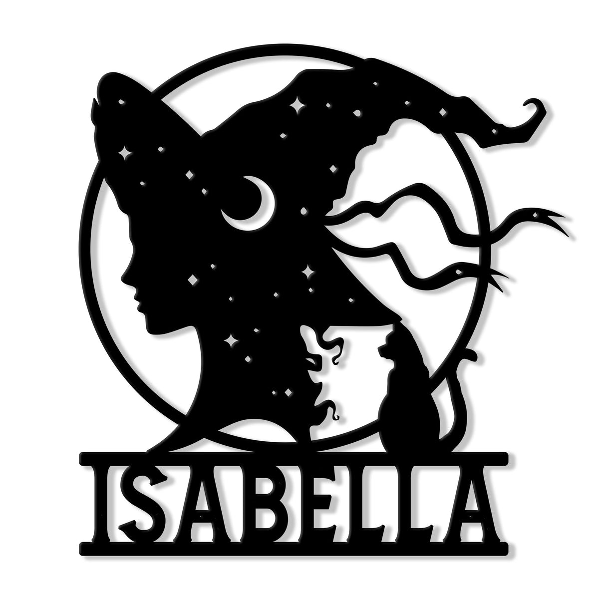 Custom witch metal sign featuring a moonlit witch silhouette, stars, cat, and broom-inspired design