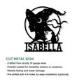 Witch and cat metal sign shown with product feature details for indoor or outdoor display
