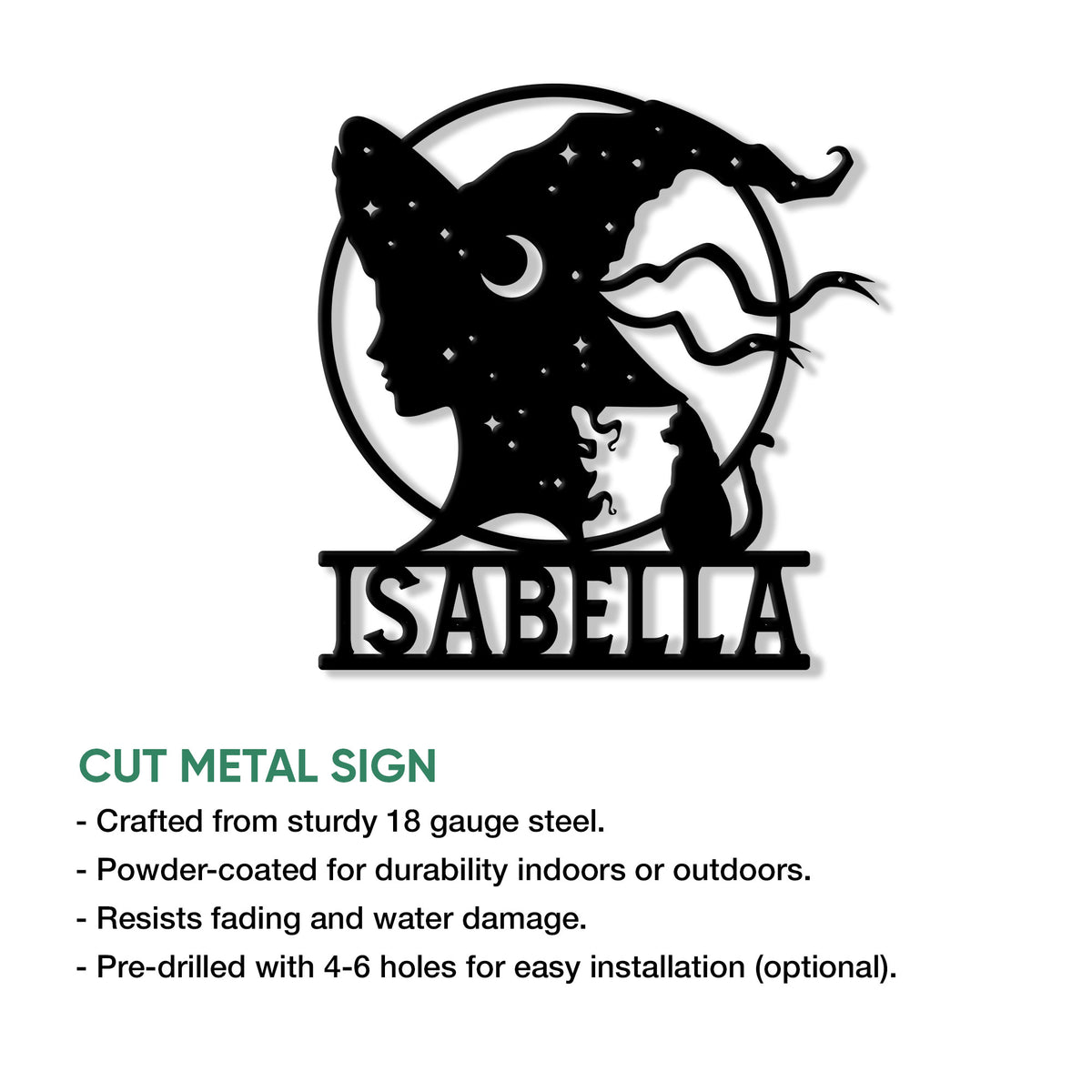 Witch and cat metal sign shown with product feature details for indoor or outdoor display
