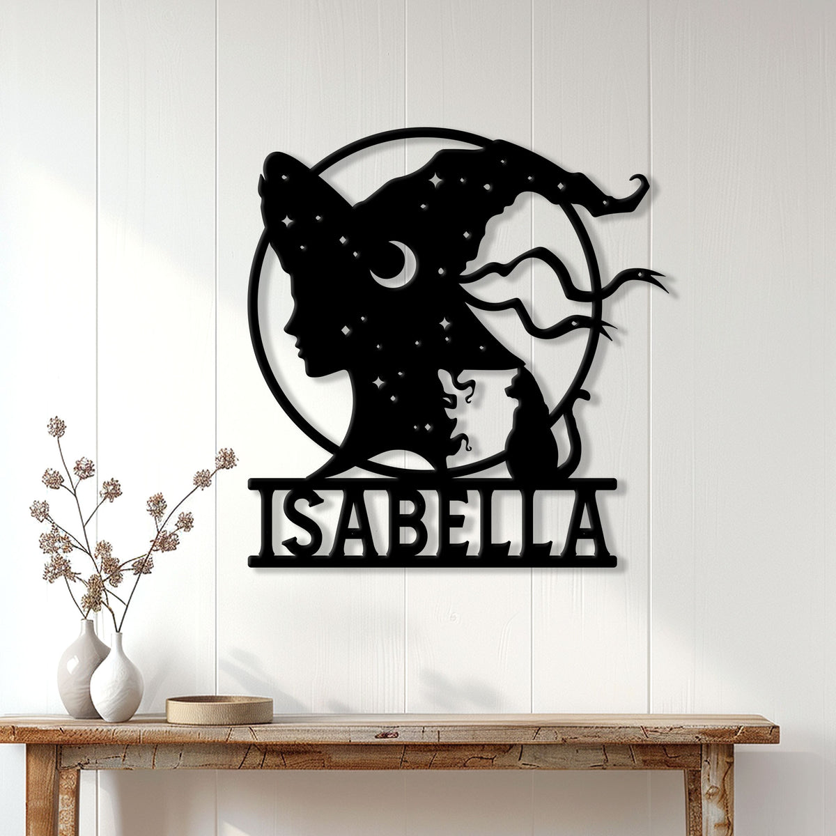Custom Wiccan witch metal sign displayed as moody wall decor above a console table