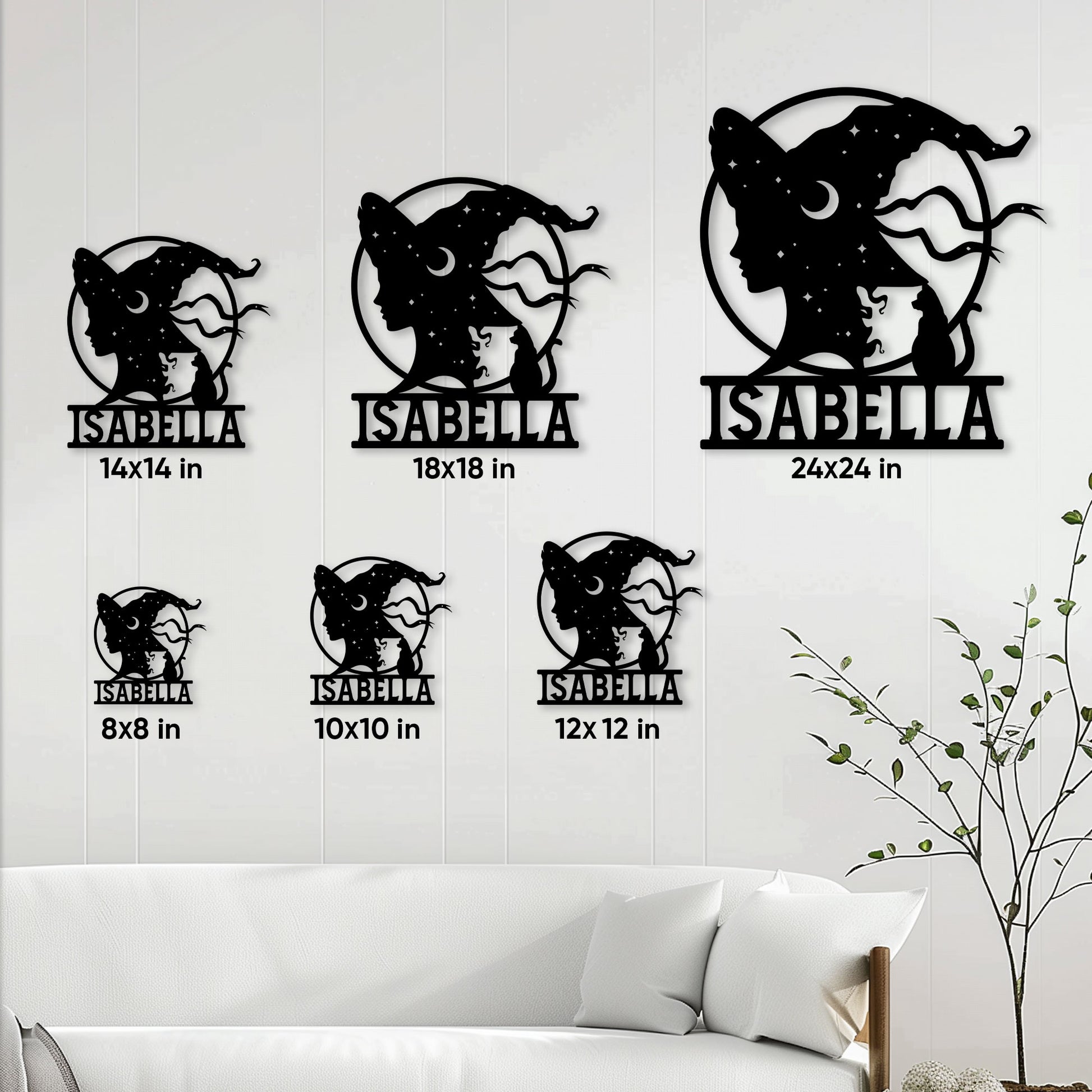 Witch metal sign size guide showing available square sizes from 8x8 to 24x24 inches