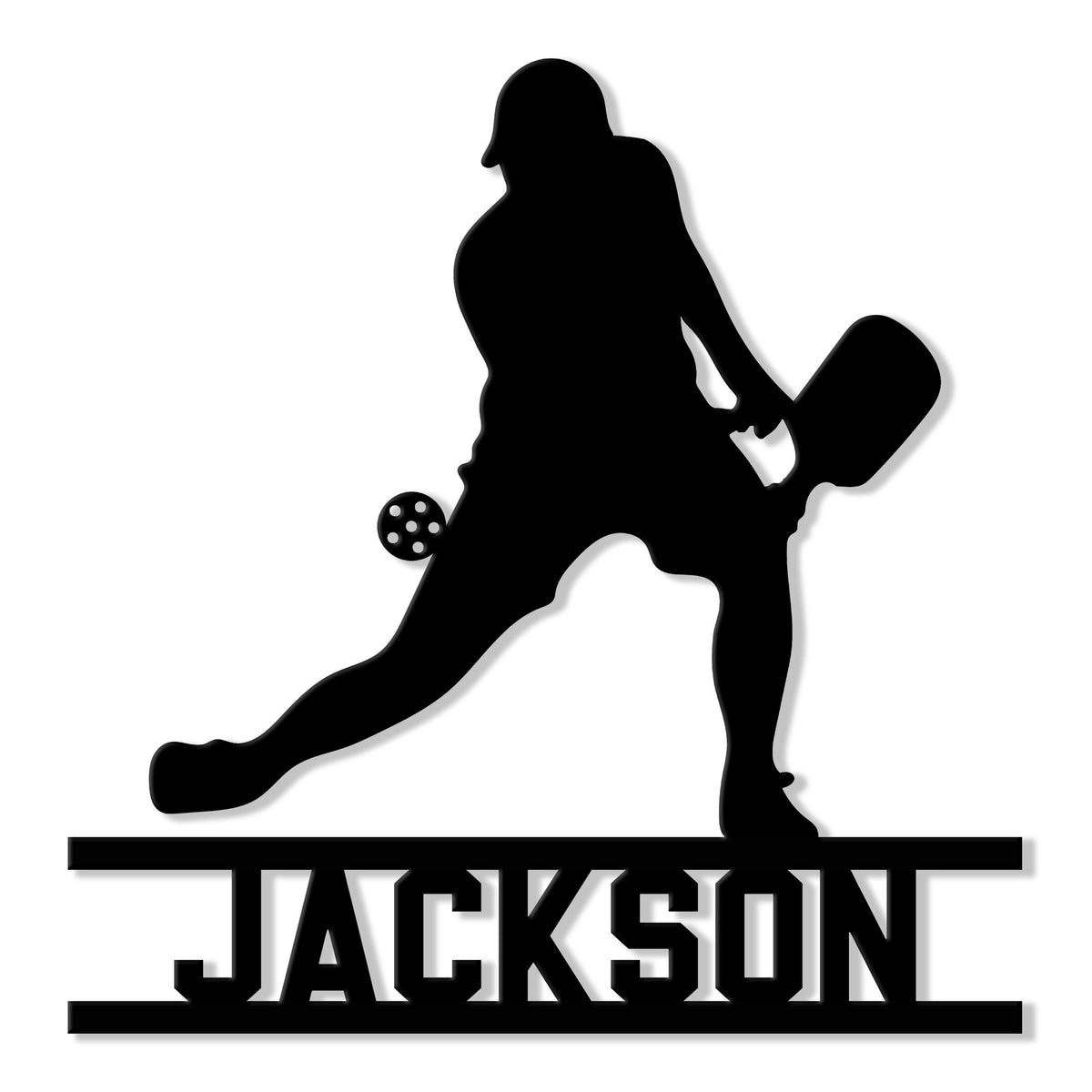 Black pickleball player silhouette metal sign with paddle and ball above a bold custom design