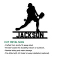 Pickleball player silhouette cut metal sign shown with indoor and outdoor use features