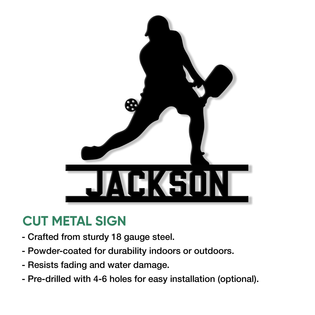 Pickleball player silhouette cut metal sign shown with indoor and outdoor use features