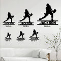 Pickleball player metal sign size guide showing six available dimensions from 8x8 to 24x24 inches