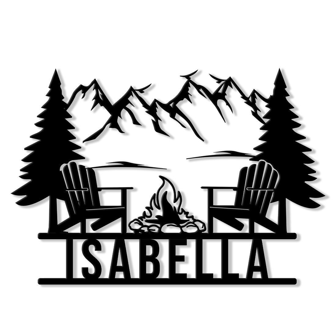 Custom camping metal sign with mountain scenery, pine trees, Adirondack chairs, and a campfire