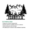 Camping metal sign feature graphic showing a mountain campsite design and cut metal sign details