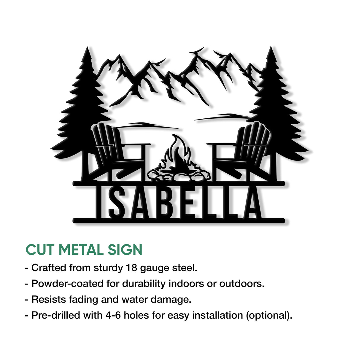 Camping metal sign feature graphic showing a mountain campsite design and cut metal sign details