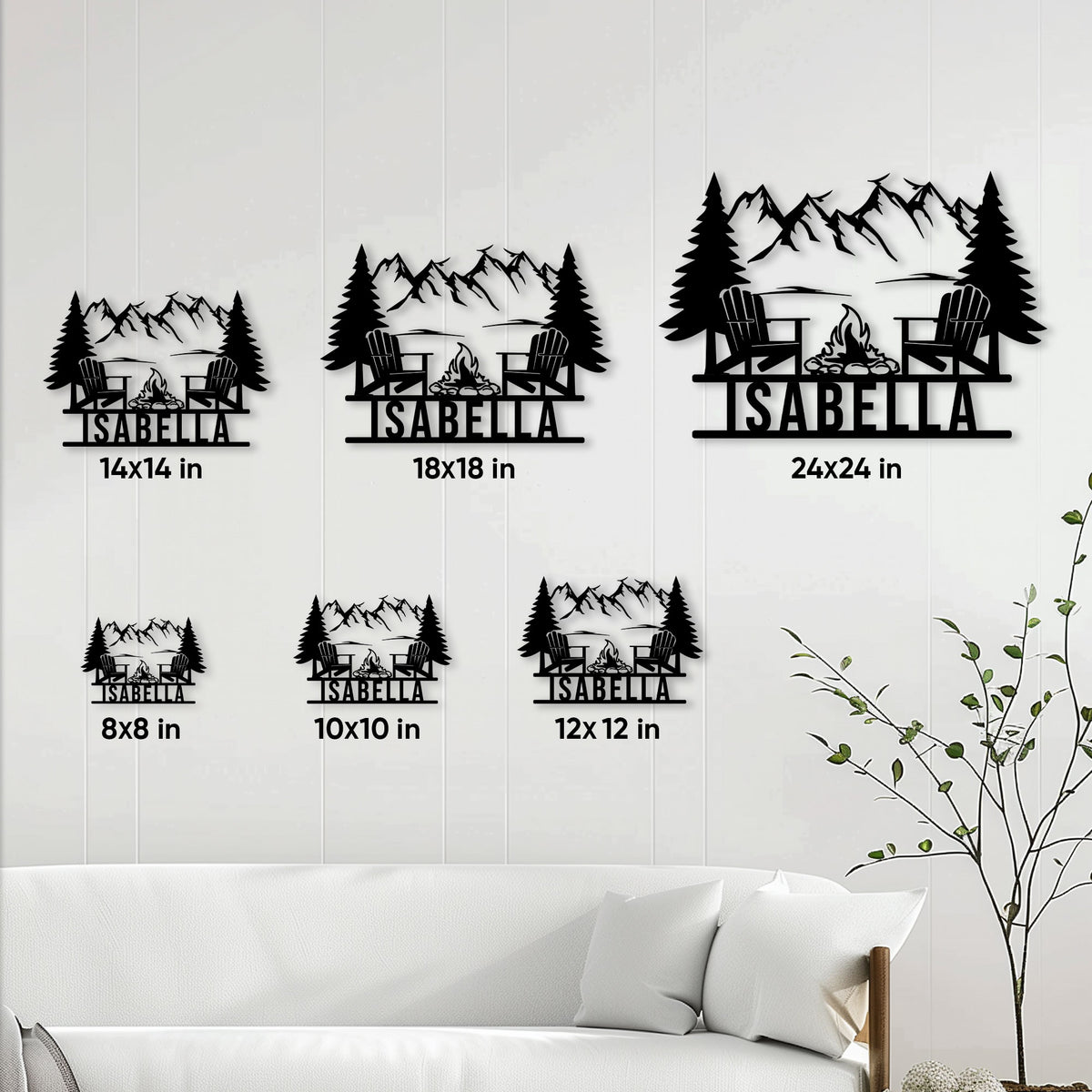 Camping metal sign size guide showing 8, 10, 12, 14, 18, and 24 inch options