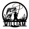 Bass fishing metal sign featuring a large fish, angler silhouette, fishing rod, cattails, and water scene