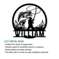 Cut metal bass fishing sign showing an angler landing a fish with product feature information below