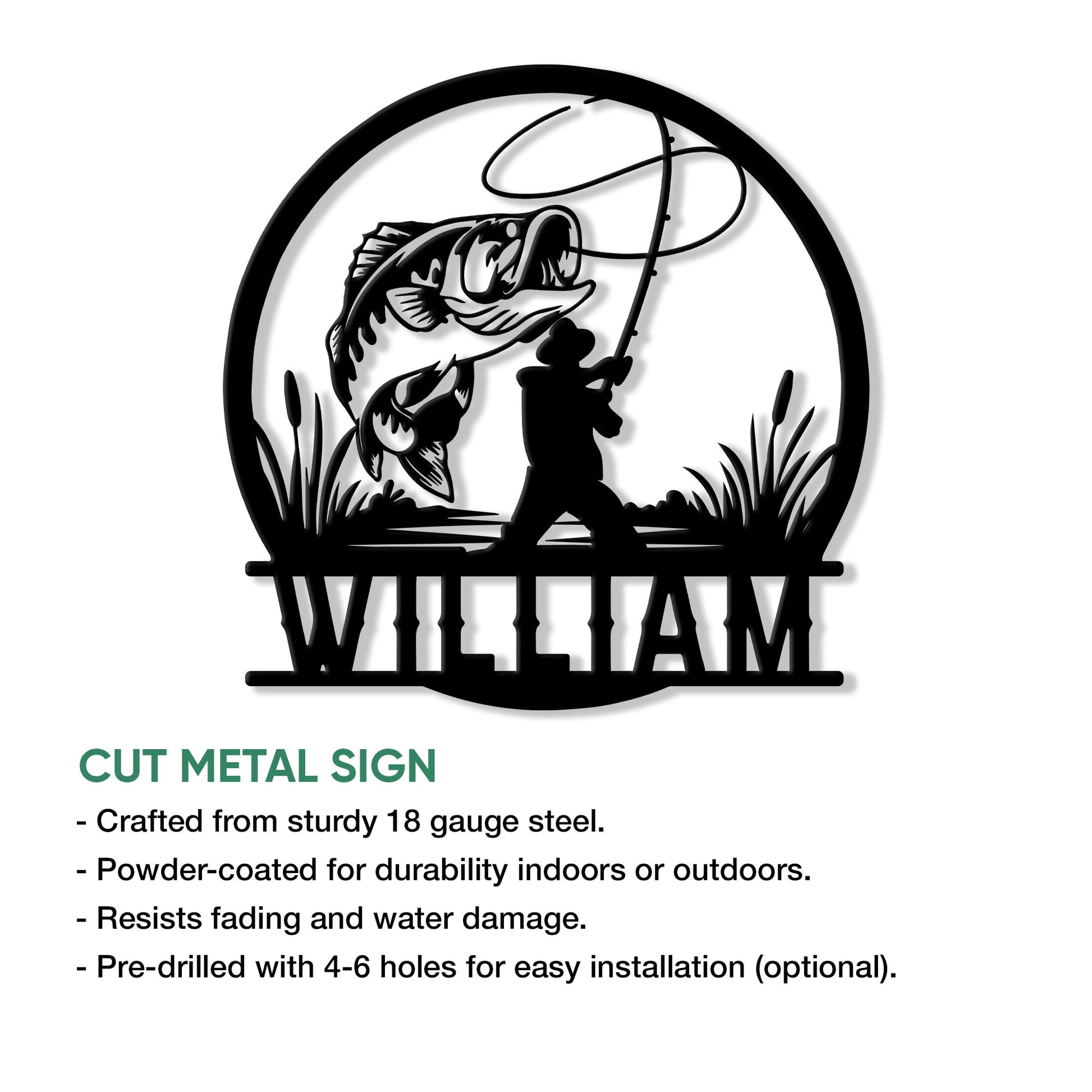 Cut metal bass fishing sign showing an angler landing a fish with product feature information below