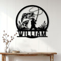 Bass fishing wall sign displayed on a white paneled wall above a rustic console table
